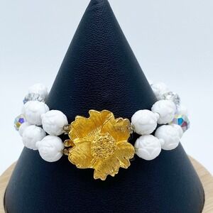 Vintage White Lucite Rose AB Beaded Multistrand Bracelet Decorative Clasp 7.5"
